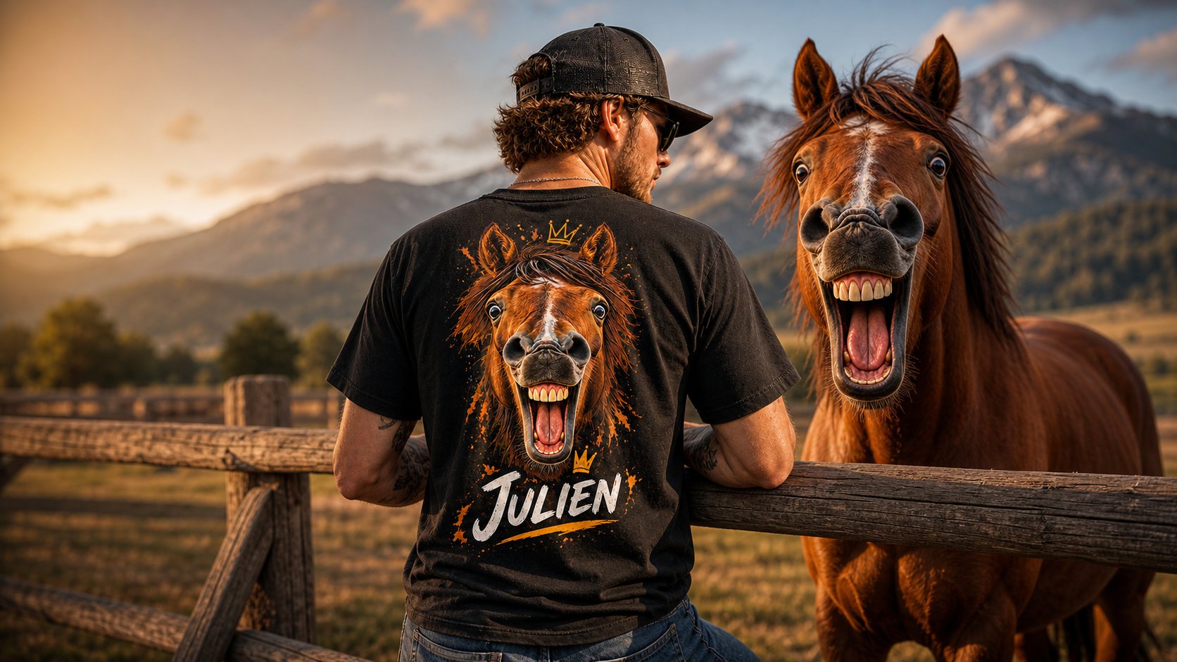 Homme portant le T-shirt Le Cheval Qui Crie, à côté d'un vrai cheval, en pleine nature